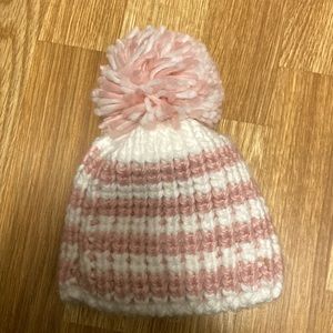 Laura Ashley Pink White Striped Winter Pom Hat